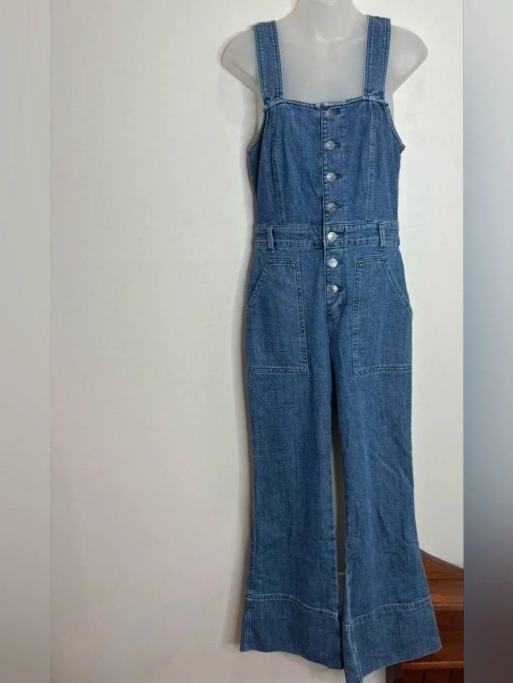 Aerie Medium Blue Button-Front Wide Leg Denim Overalls - Picture 14 of 16